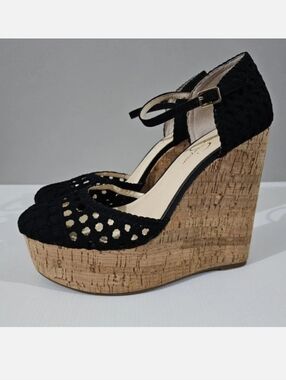 Jessica Simpson Marshela Platform Wedge Sandal Womens 10 Black Cork Heel NEW